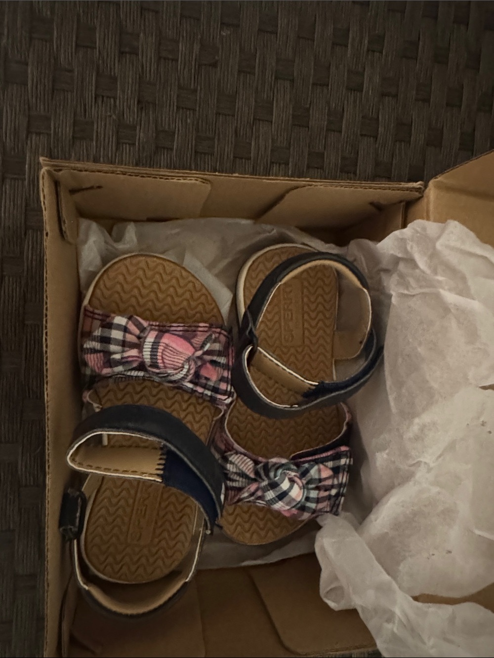 Sperry Girls Navy and Pink Plaid Bow Sandals